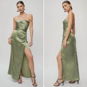 NWT Reformation Barrow Green Artichoke Strapless Silk Dress Size 6 NEW Slit